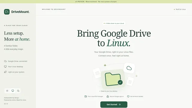 DriveMount setup wizard UI preview for connecting Google Drive on Linux