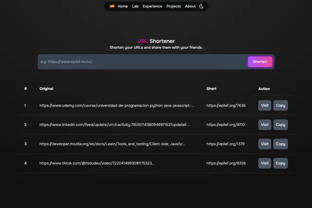 URL Shortener with URL input and saved links